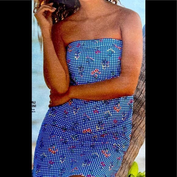 Land’s End Bandeau Dresskini electric blue botanical check top 6 - Picture 5 of 5